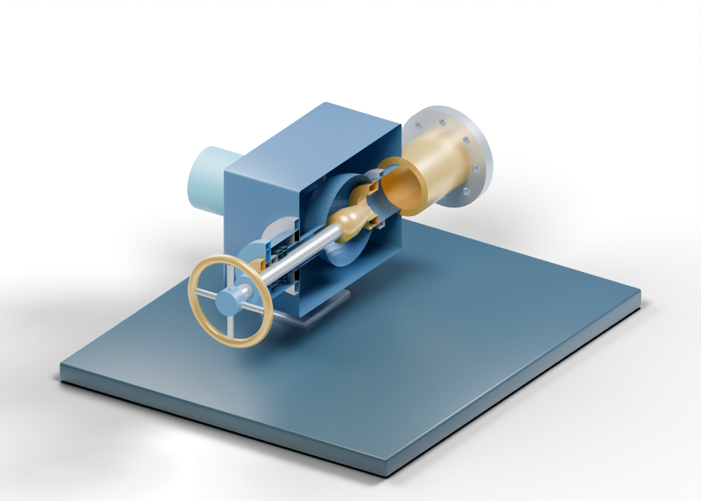 Original blue and prairie-gold cutaway of a generic production choke showing the inlet, separate needle and seat, bonnet, handwheel and open outlet.