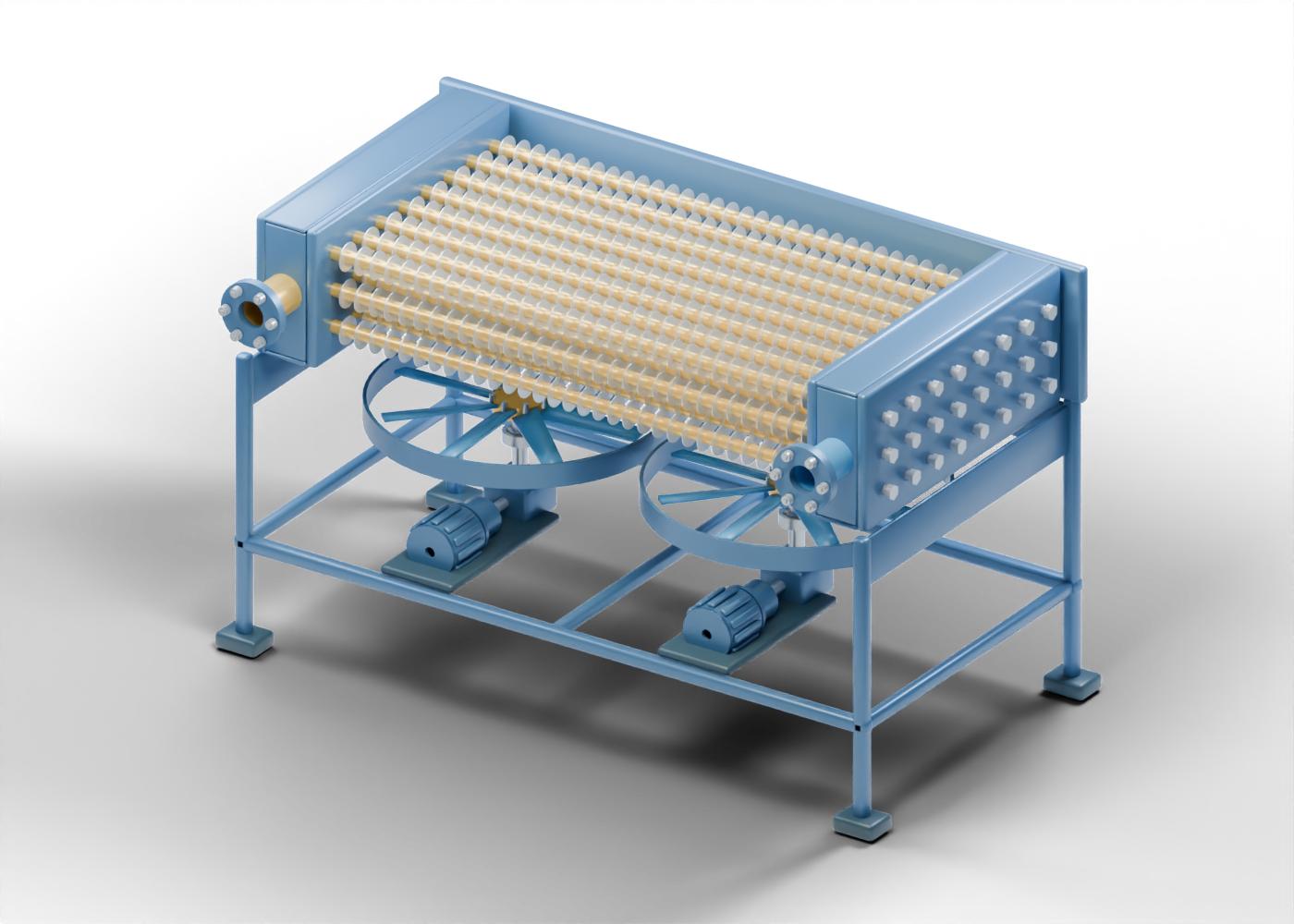 Original blue and gold air-cooler cutaway showing three rows of finned tubes, two lower fan bays, separate drive parts and end headers on a steel frame.