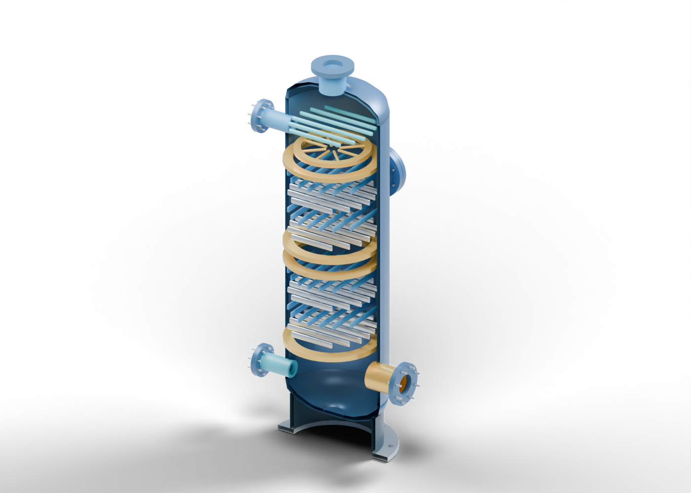 Original Alberta-blue cutaway amine absorber with gold open contacting markers, distributor, sour-gas and solvent inlets, treated-gas top outlet and rich-solvent bottom outlet.