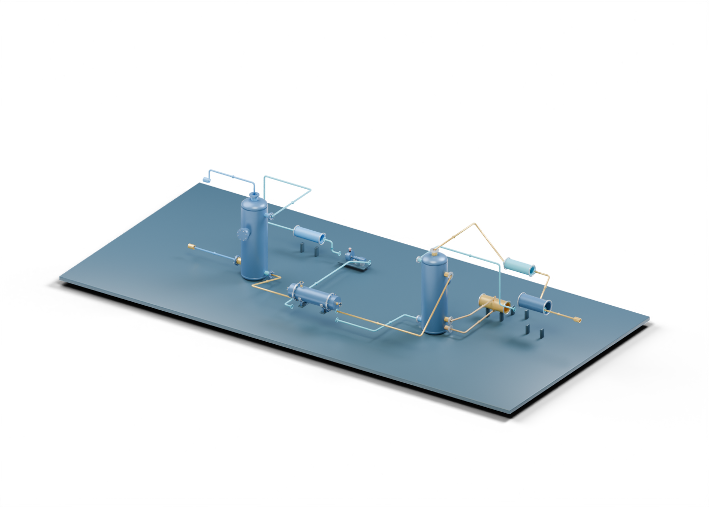 Original Alberta-blue and prairie-gold connected amine-circuit teaching scene with absorber and regenerator vessels, shell-and-tube exchanger, pump, four auxiliary role envelopes and coloured static routes.