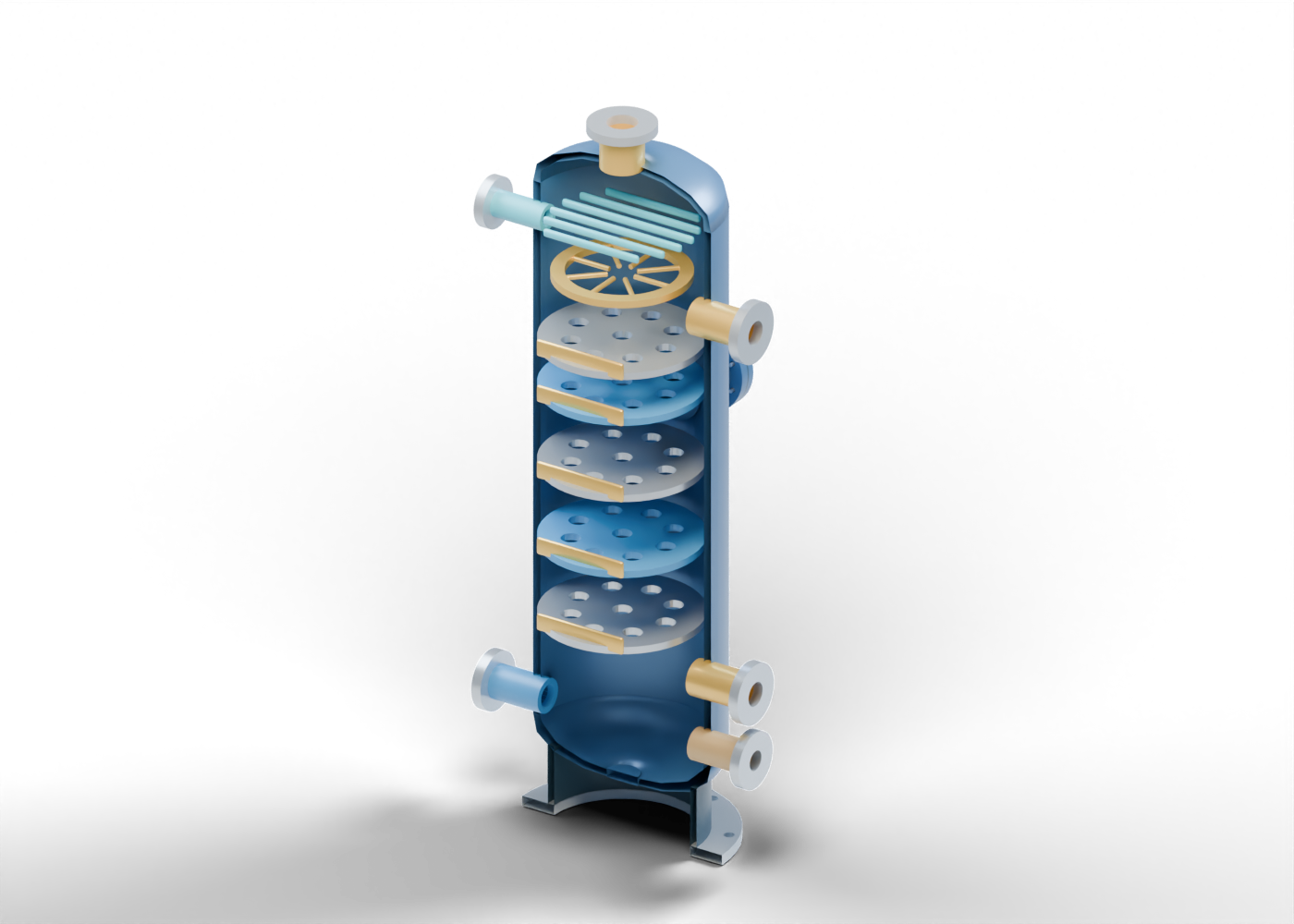 Original Alberta-blue amine regenerator cutaway with five perforated silver and blue contacting markers, gold rim and feed markers, separate lower connections and a top acid-gas outlet.