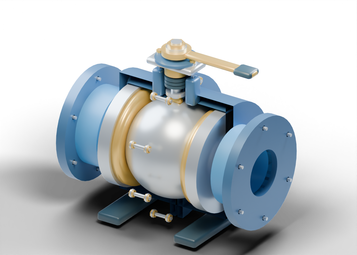 Original Alberta blue, gold and steel ball-valve cutaway showing a bored sphere between two seat regions, separate stem packing, lever and drilled joints.
