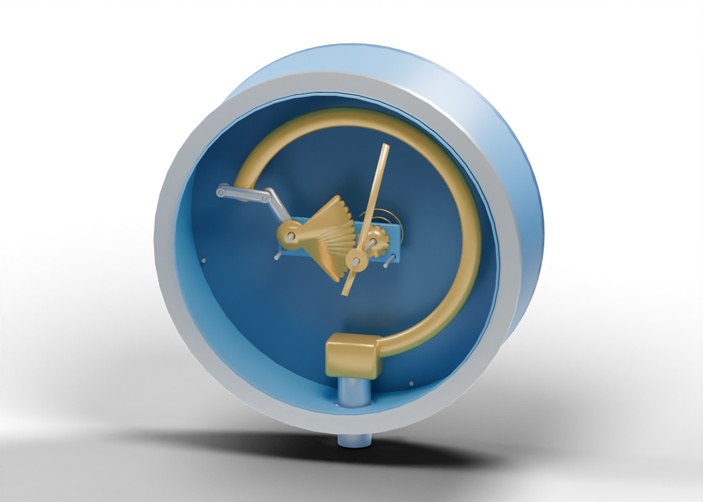 Original blue round gauge case with an exposed gold C-shaped tube, separate silver linkage, gold sector and pinion, pointer and smooth bottom connection stem.