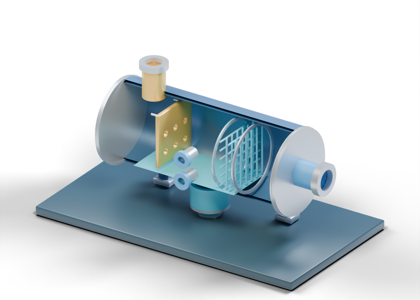 Original Alberta-blue and prairie-gold 3D section of a horizontal compressor suction scrubber with an inlet plate, open mist weave, lower liquid boot and gas outlet.