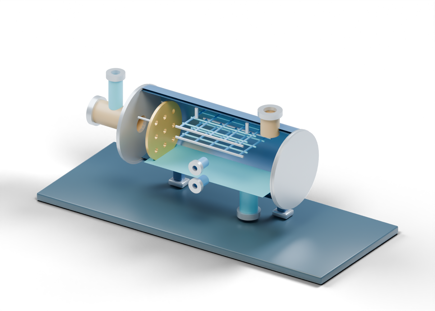 Original blue and gold 3D section of a horizontal crude-oil desalter teaching vessel with wash-water branch, open lattice region, upper crude exit and lower water exit.