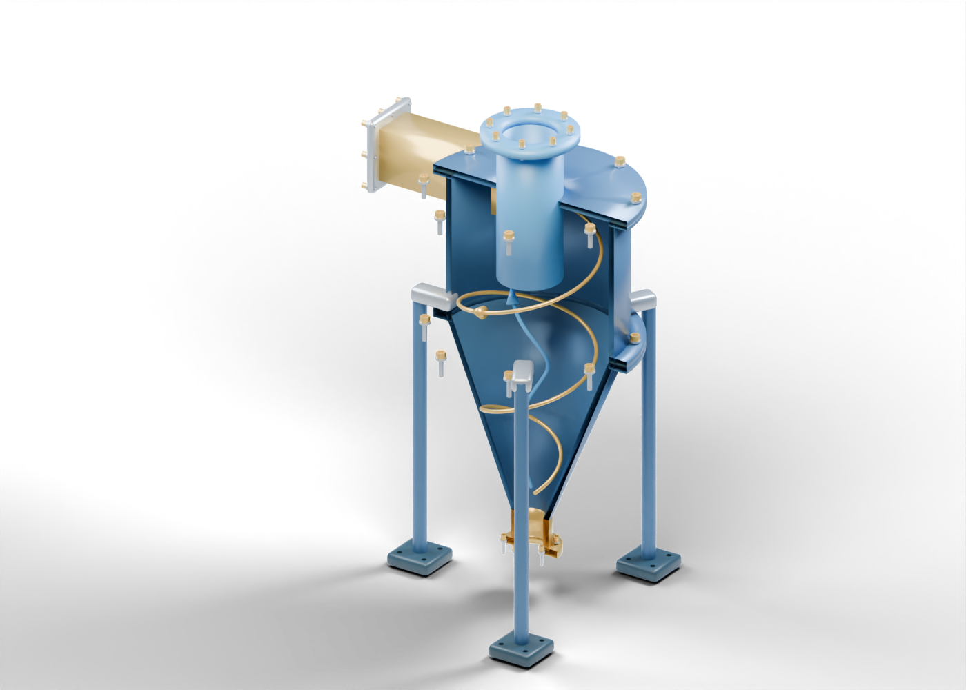 Original Alberta blue and gold dry-cyclone cutaway with a hollow cylindrical and conical enclosure, offset rectangular inlet, central outlet tube, static gold descending and blue ascending spiral annotations, separate joints and three support legs.