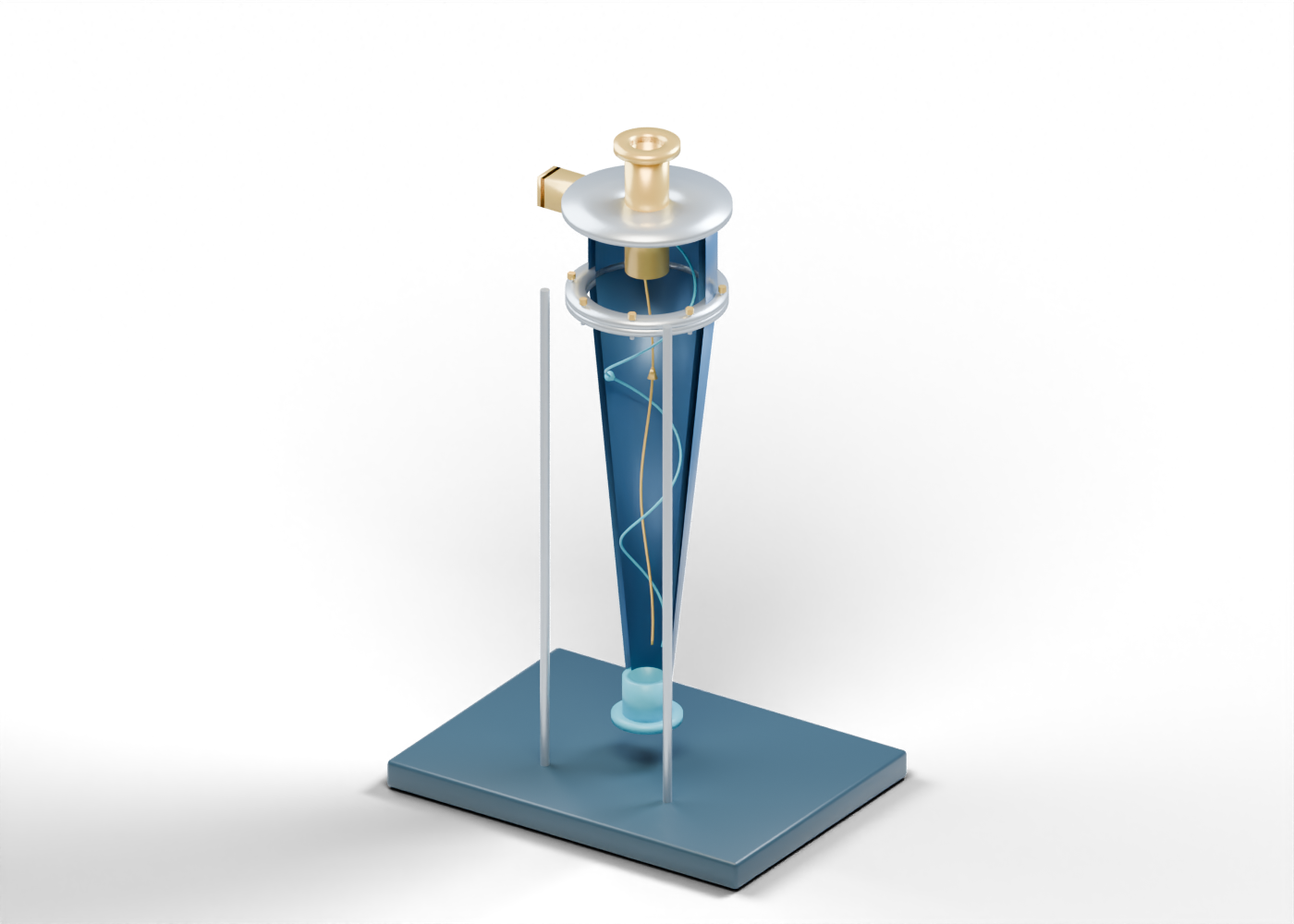 Original blue-and-gold cutaway of a produced-water deoiling hydrocyclone teaching model, with an offset feed, long hollow taper, upper oil-rich reject and lower water-rich outlet.