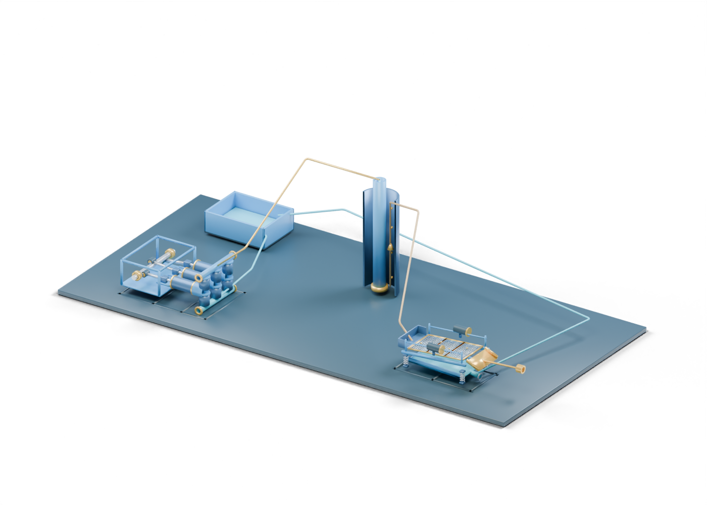 Original Alberta-blue and prairie-gold 3D scene with a triplex mud pump, sectioned well teaching wall, hollow drillstring, open shale shaker, tank role and colored conceptual routes.