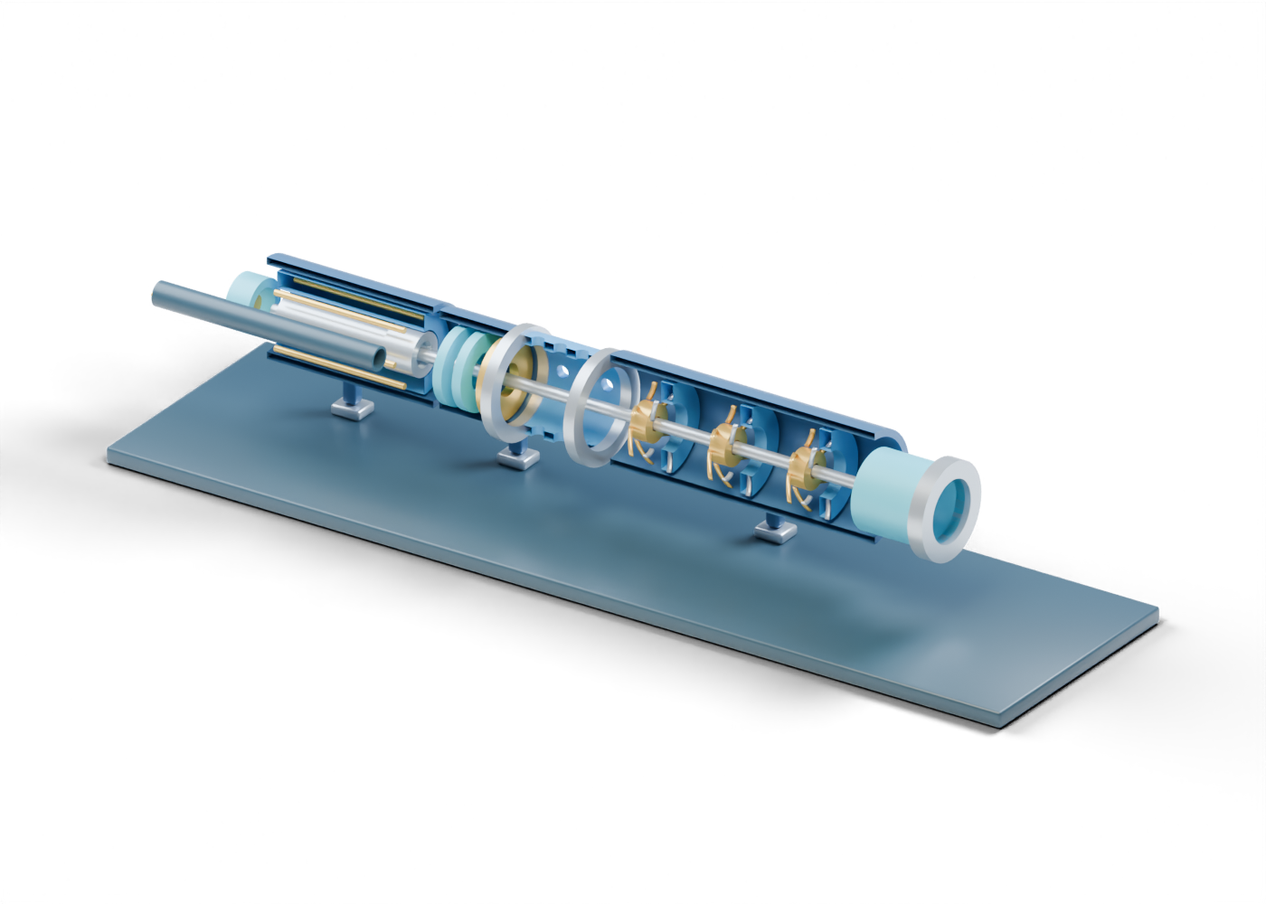 Original blue, gold and steel cutaway illustration of an electric submersible pump teaching assembly with motor, protector, bored intake and three distinct impeller and diffuser stages.