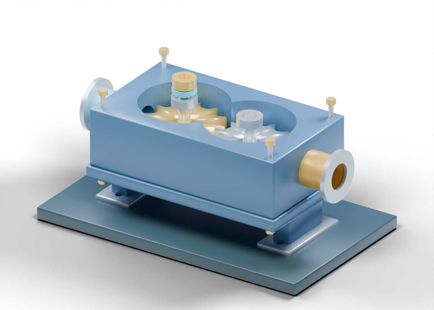 Original blue and prairie-gold 3D cutaway of a generic external gear pump with two visible toothed gears, twin-cavity housing and opposite open ports.