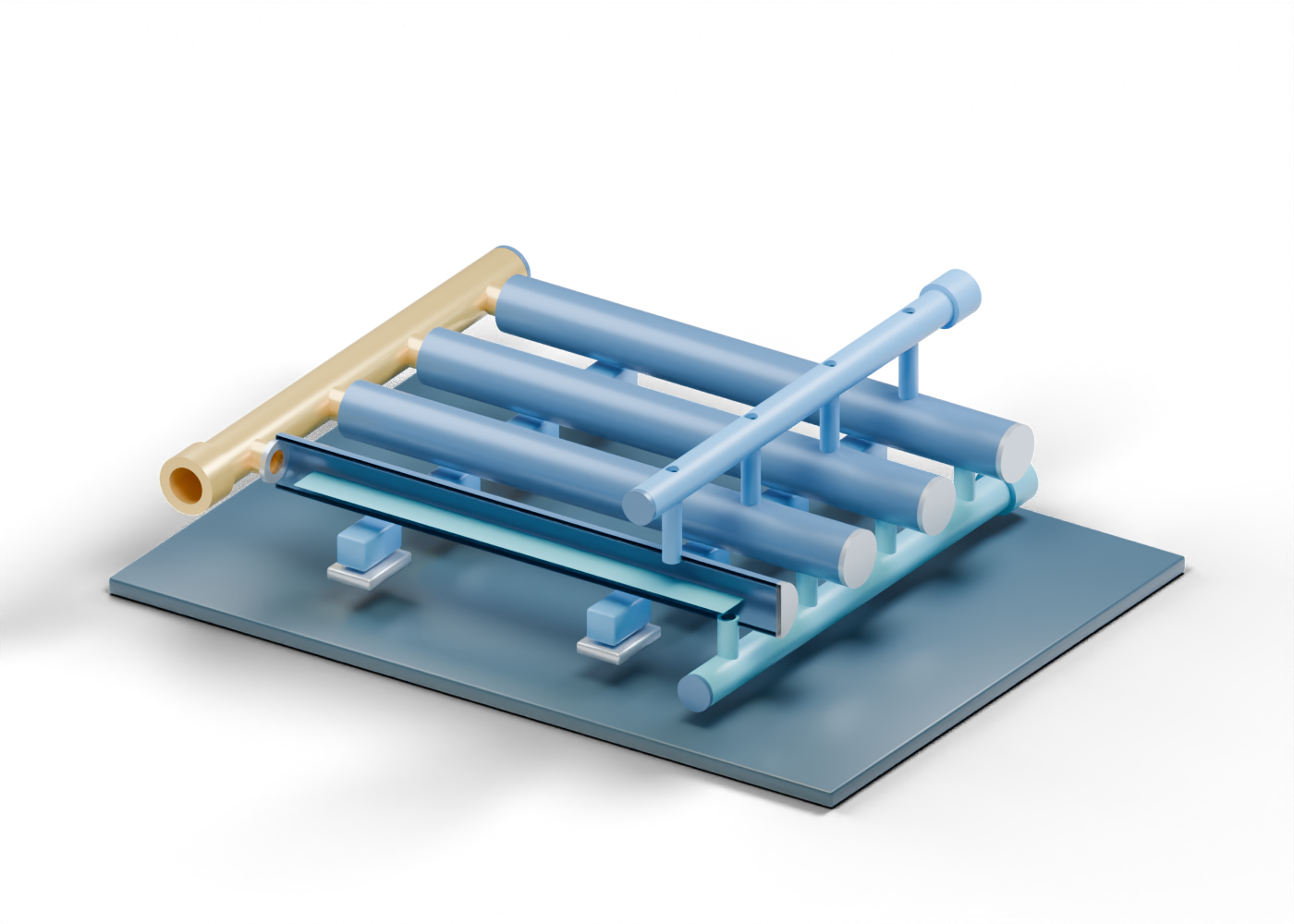 Original Alberta-blue, prairie-gold and steel 3D cutaway of four parallel slug-catcher fingers with inlet, gas and liquid headers.
