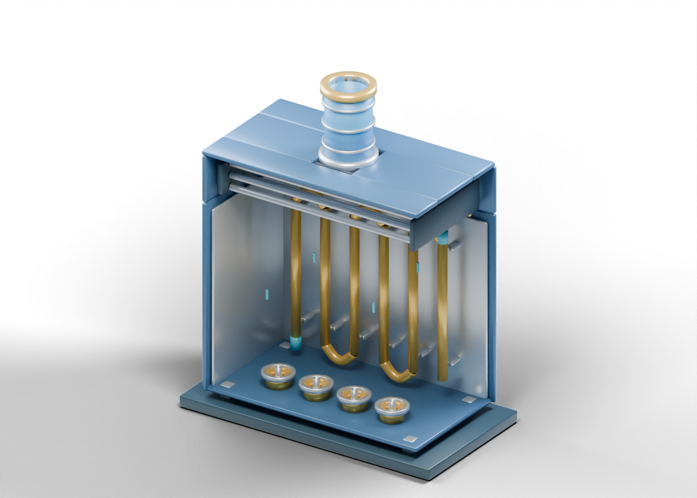 Original Alberta-blue and prairie-gold fired process heater cutaway with four floor burner locations, six gold radiant tubes, an upper convection bank and a hollow stack.