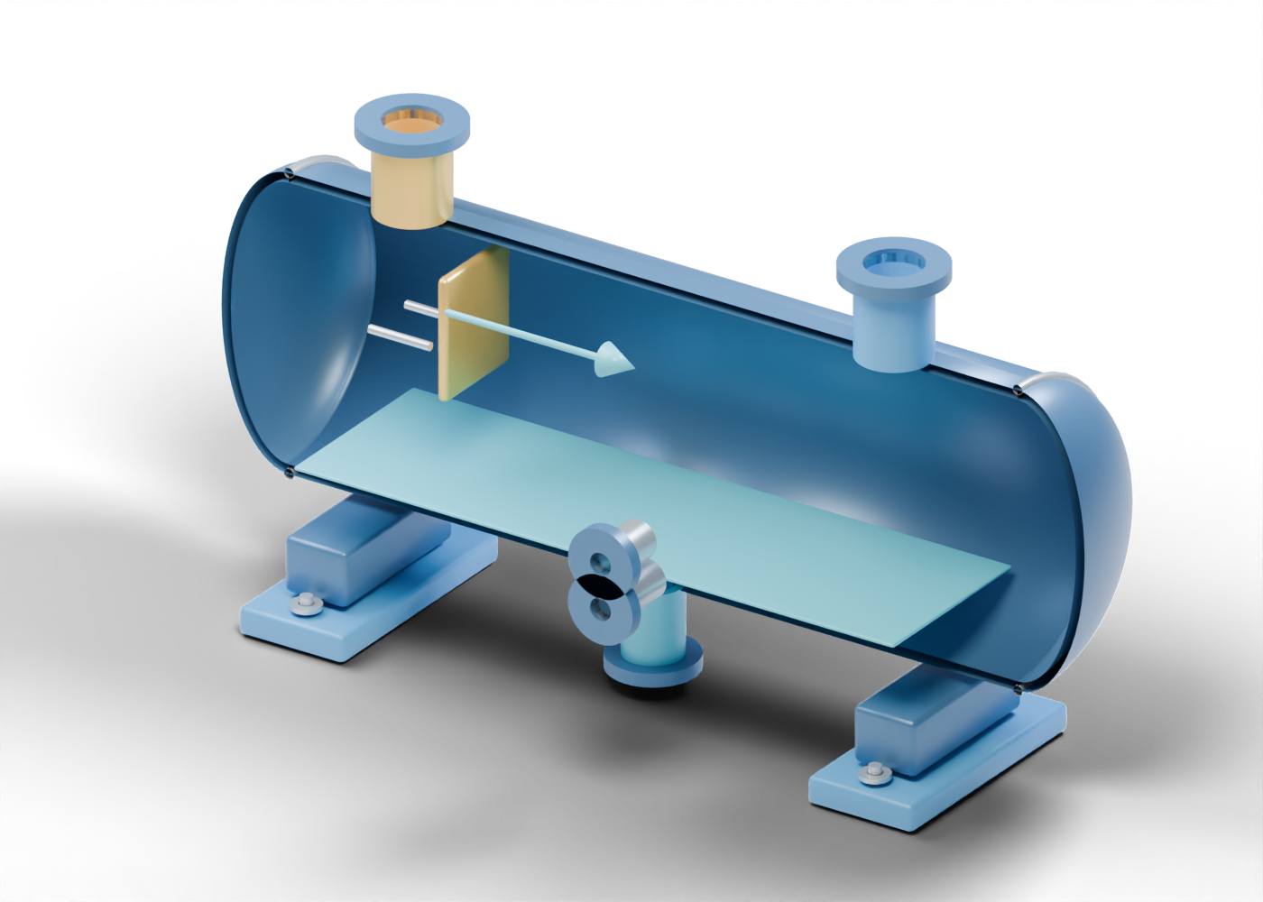 Original blue and gold flare knock-out drum cutaway with open upper gas and inlet necks, lower liquid neck, independent impact marker and a pale static teaching region.