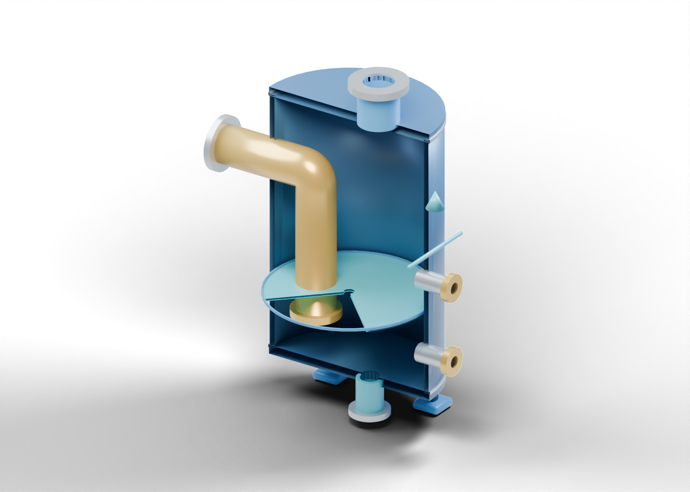 Alberta-blue flare liquid-seal vessel cutaway with a gold inlet leg ending below a pale-blue liquid marker and separate gas, drain and level openings.