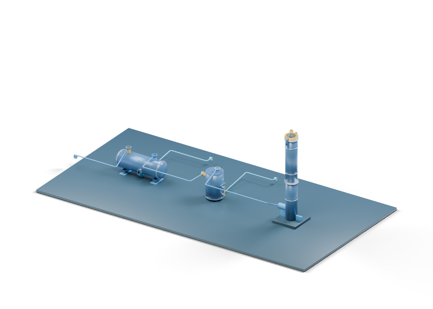 Original Alberta-blue and prairie-gold 3D flare-system teaching scene showing a knock-out drum, separate liquid-seal vessel, hollow elevated stack and open gas and liquid boundaries.