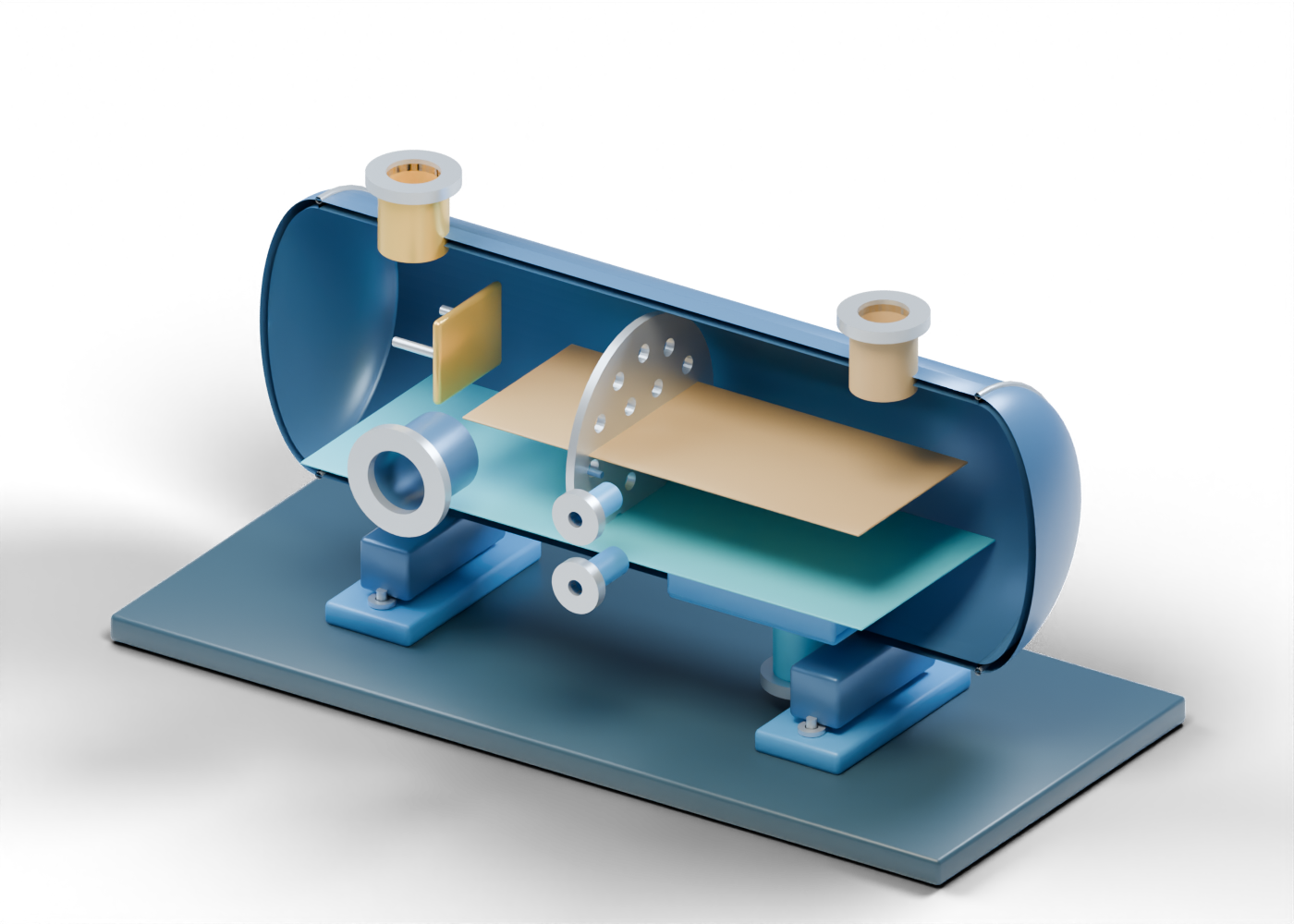 Original Alberta-blue, prairie-gold and steel 3D cutaway of a horizontal free-water knockout with perforated quieting plate, lower water draw and upper oil-and-gas emulsion exit.