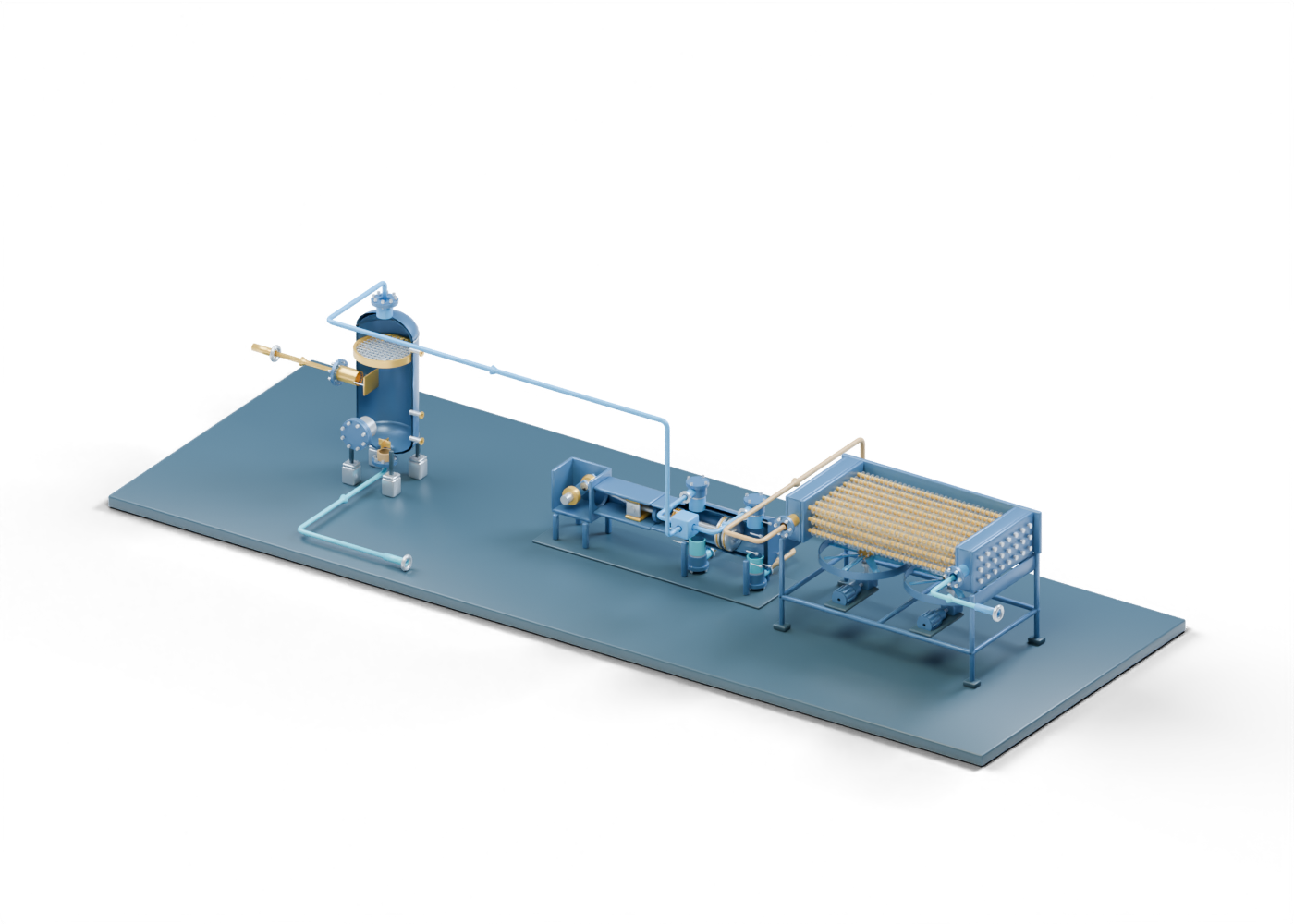 Original blue and gold connected teaching scene with a cutaway vertical separator at left, a detailed static reciprocating compressor in the centre, a finned-tube air cooler at right and separate gas and total-liquid route markers.