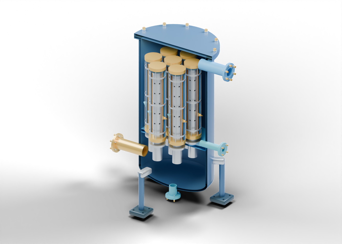 Original Alberta blue, gold and steel coalescer cutaway showing seven cartridge assemblies, perforated hollow cores, cut media and drainage envelopes, a tube sheet, separate side and lower liquid boundaries and three support legs.