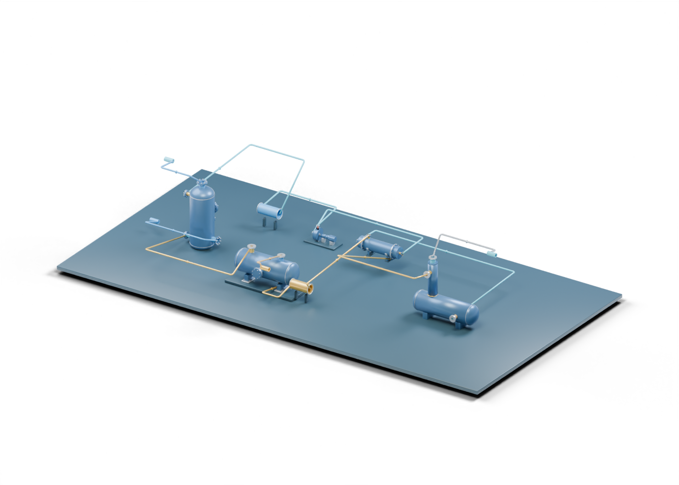 Original Alberta-blue and prairie-gold glycol dehydration teaching scene with contactor, optional flash tank, still and reboiler, exchanger, pump, schematic filter and cooler, and static route lines.