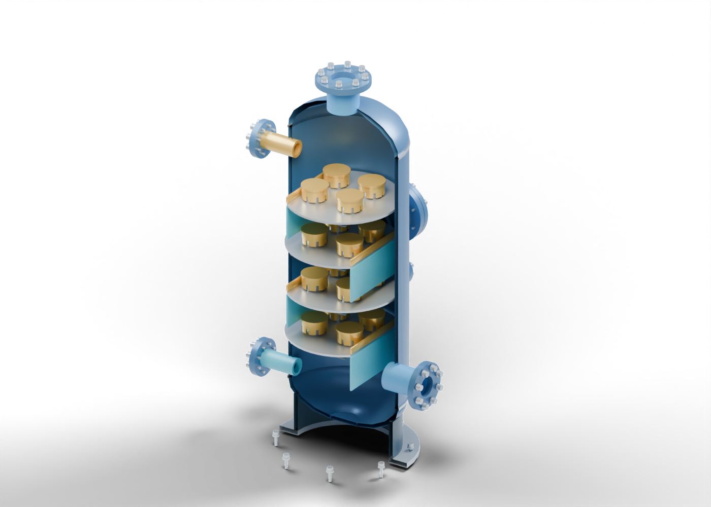 Original tall contactor cutaway showing four blue tray decks, gold cap assemblies, alternating side openings, gas and glycol connection markers and a support skirt.