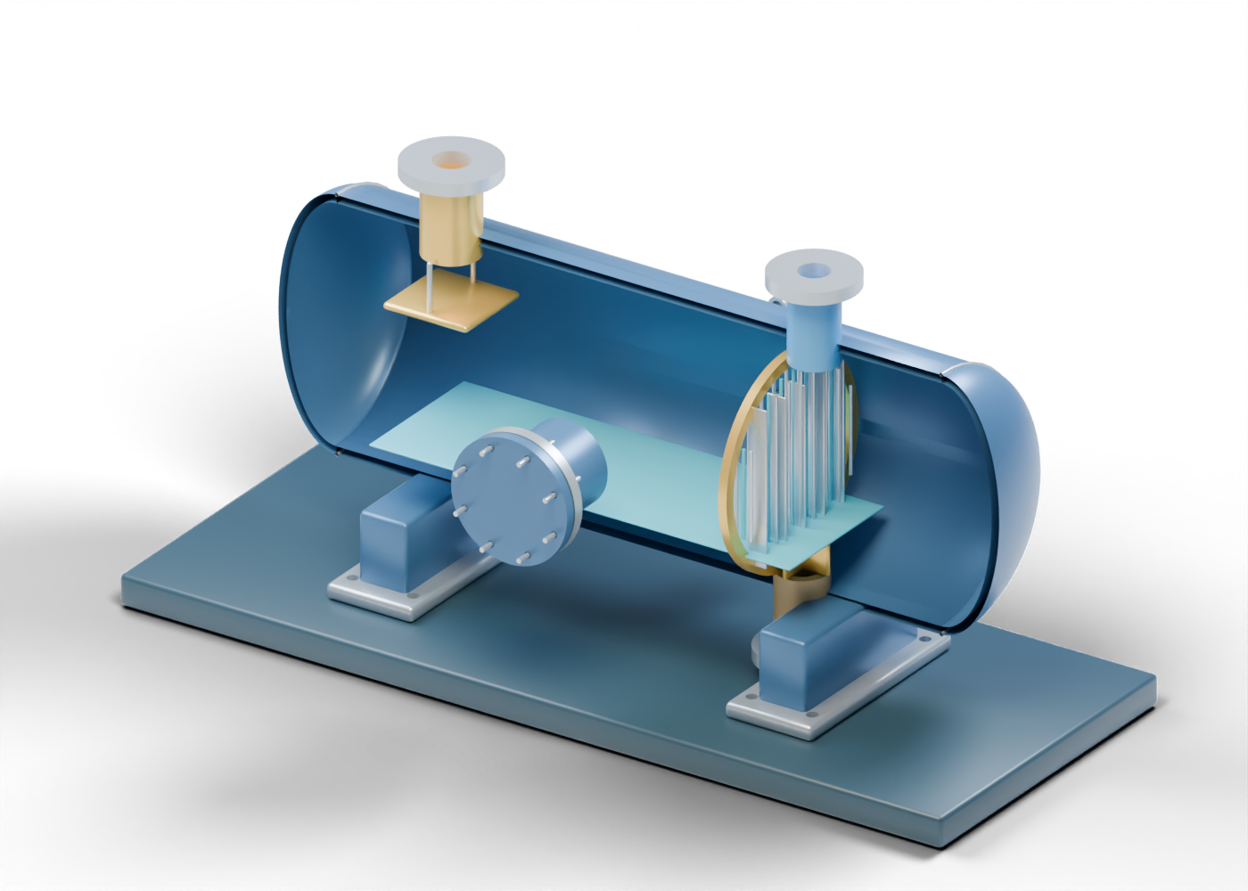 Original Alberta-blue horizontal glycol flash-tank cutaway with gold inlet diverter, open silver lattice, separate upper gas neck, lower glycol draw-off and closed access cover.