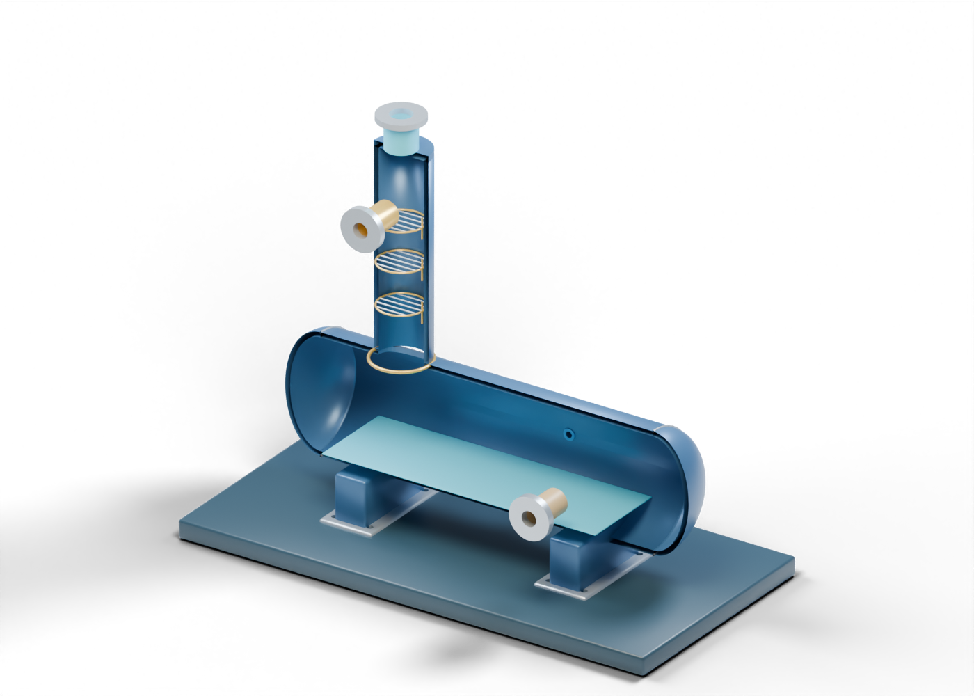 Original Alberta-blue glycol still and reboiler cutaway with prairie-gold open still grids, rich-glycol feed, overhead vapor neck and lean-glycol outlet.