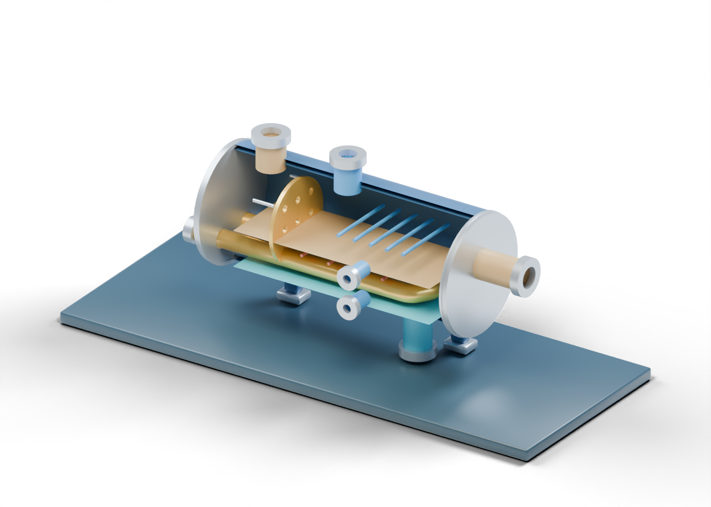 Original blue and gold 3D cutaway of a horizontal heater-treater teaching vessel showing an inlet marker, U-shaped tube, open settling rails and separate outlet boundaries.