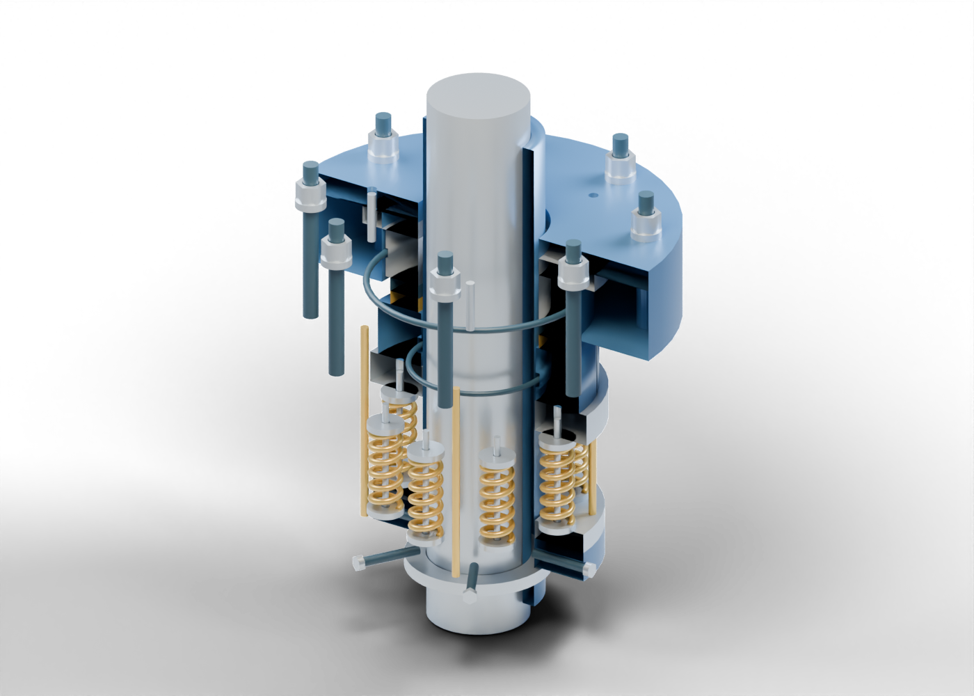 Original mechanical face-seal cutaway with a central shaft, separate ring faces, hollow supports, gold coil springs and gland fasteners.