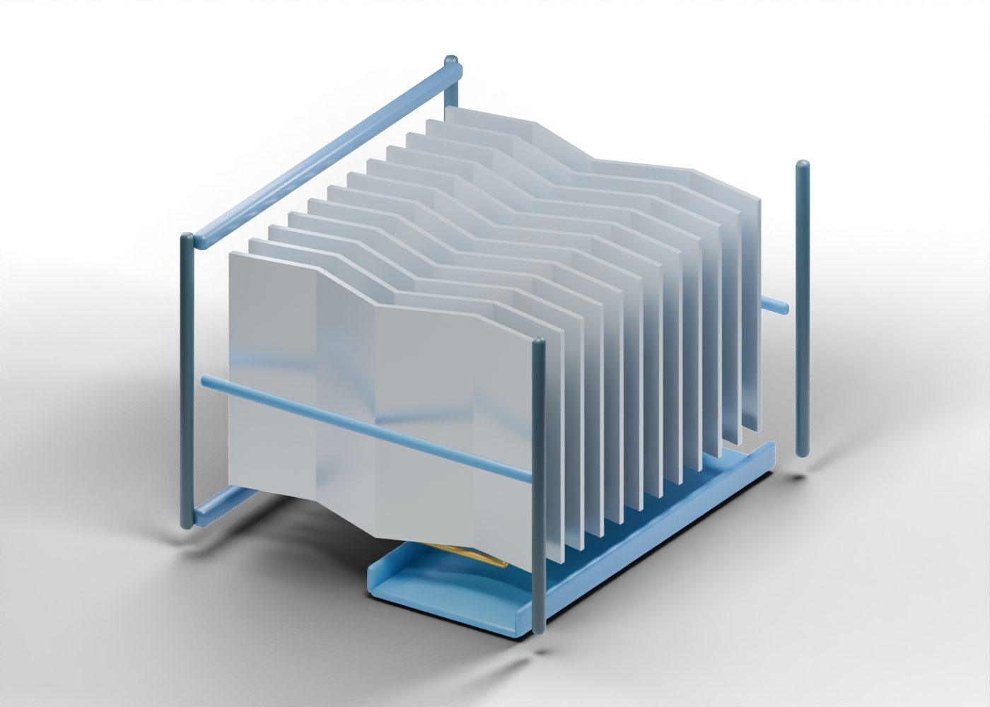 Original Alberta-blue and prairie-gold 3D teaching render of an open chevron mist-eliminator module with twelve separate bent plates and a lower collection trough.