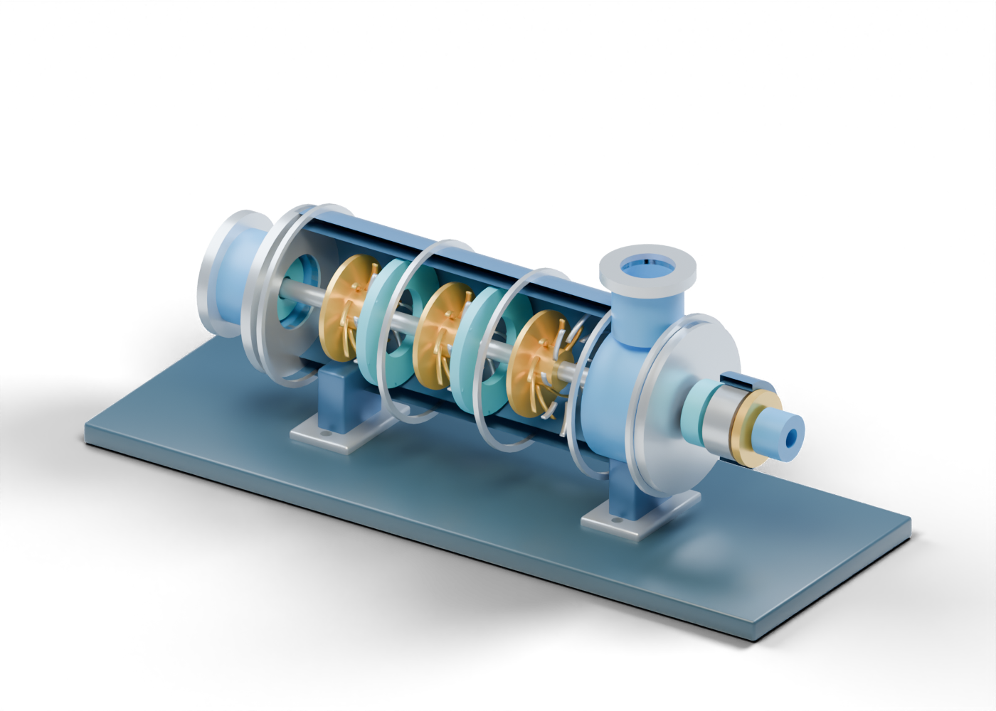 Original Alberta-blue and prairie-gold sectional 3D render of a three-stage centrifugal gas-compressor teaching model, showing separate impeller groups, diffusers, return-guide regions, a hollow casing and upper discharge.
