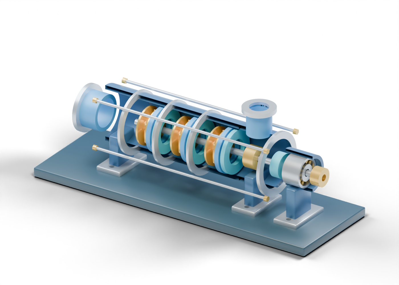 Original Alberta-blue and prairie-gold sectional rendering of a generic three-stage ring-section centrifugal pump with suction and upper discharge, stage casings, tie rods and bearing region.