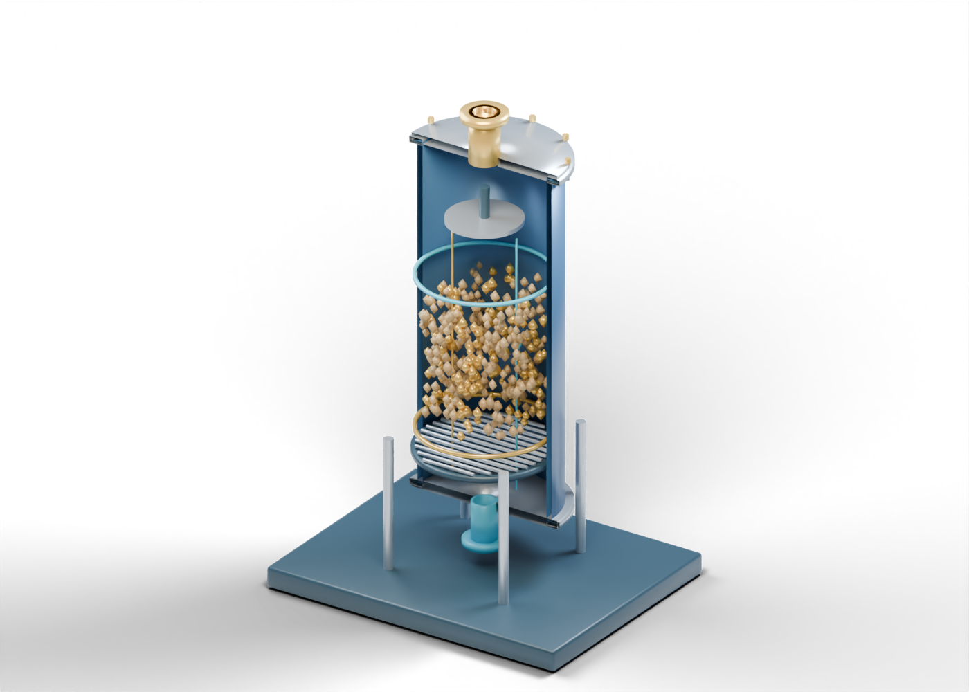 Original Alberta-blue and gold cutaway of a vertical nutshell-media filter teaching model, with granular bed, underdrain rails, open feed and lower outlet.