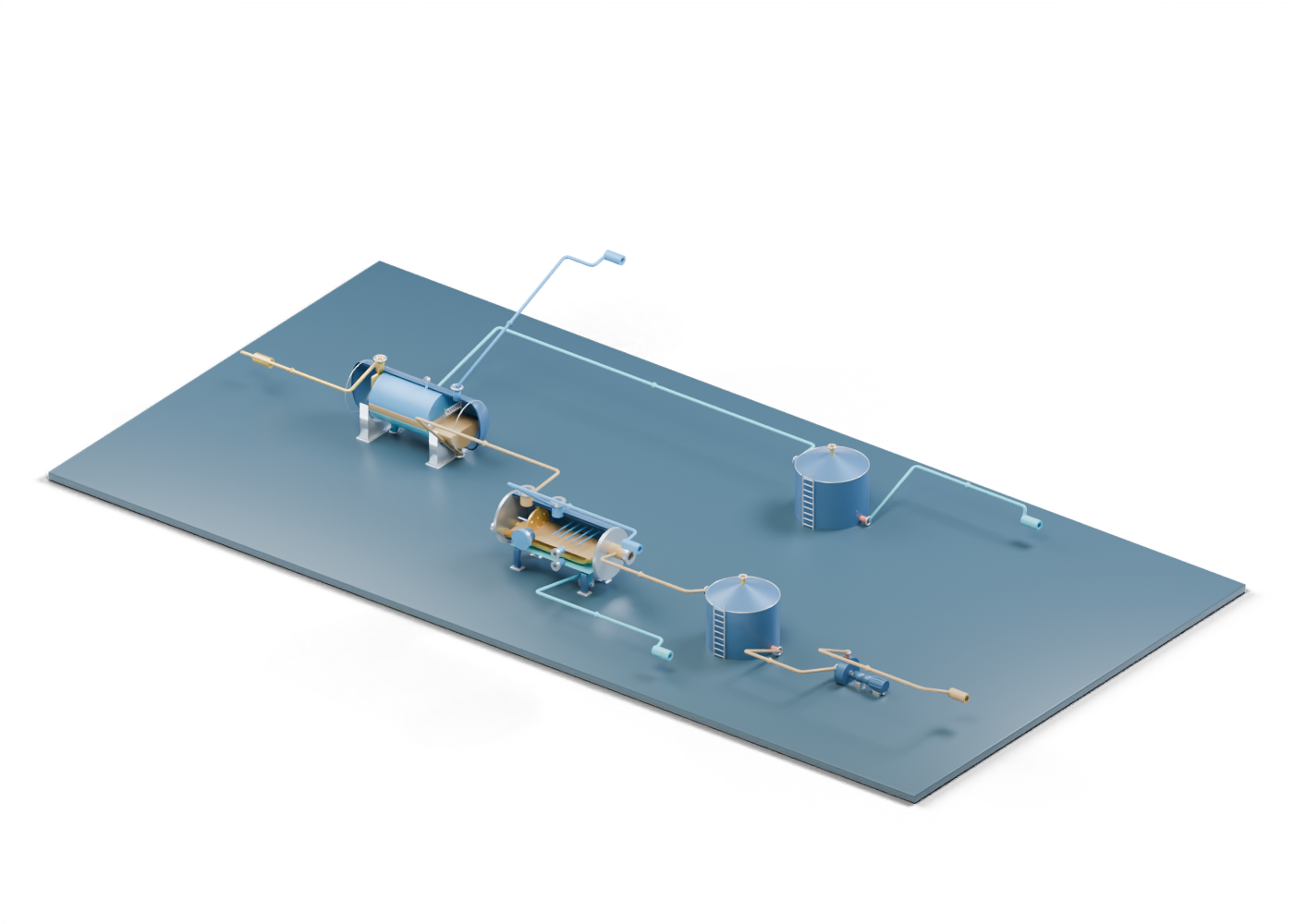 Original Alberta-blue and prairie-gold oil-battery teaching scene with separator, open heater-treater cutaway, two storage tanks, transfer pump and distinct coloured route cues.