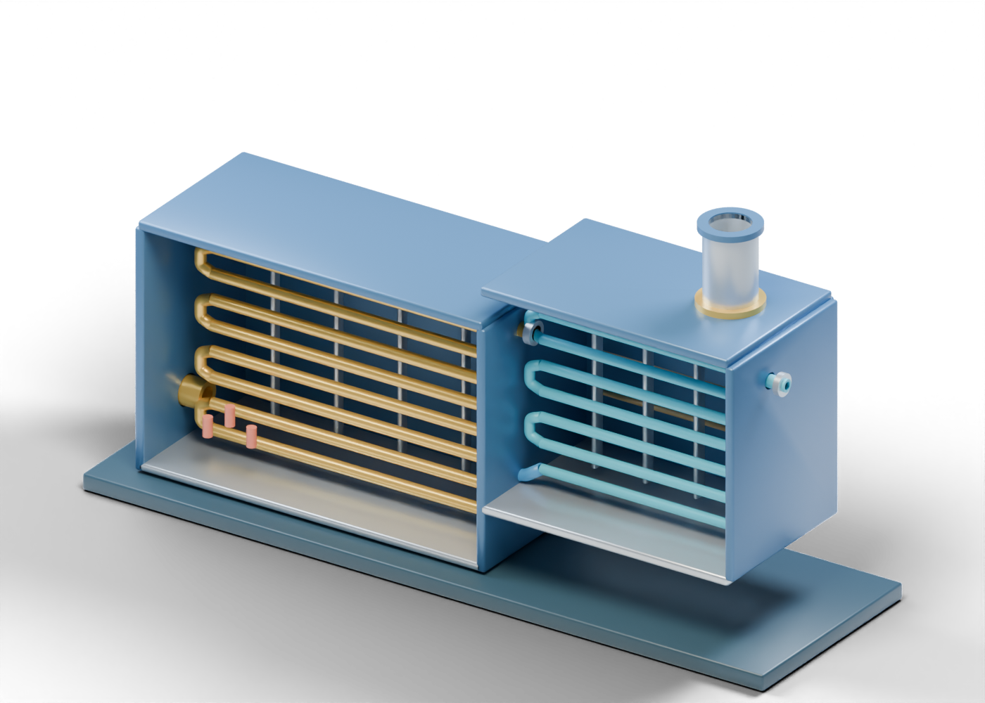 Original Alberta-blue and prairie-gold 3D open-front once-through steam generator with separate blue convection tubes, gold radiant tubes, hollow stack, inlet and outlet boundaries.