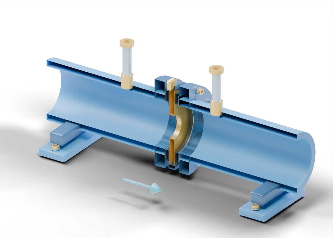 Original Alberta-blue orifice meter-run cutaway with prairie-gold restriction plate, two open pressure lines and separate joint hardware.