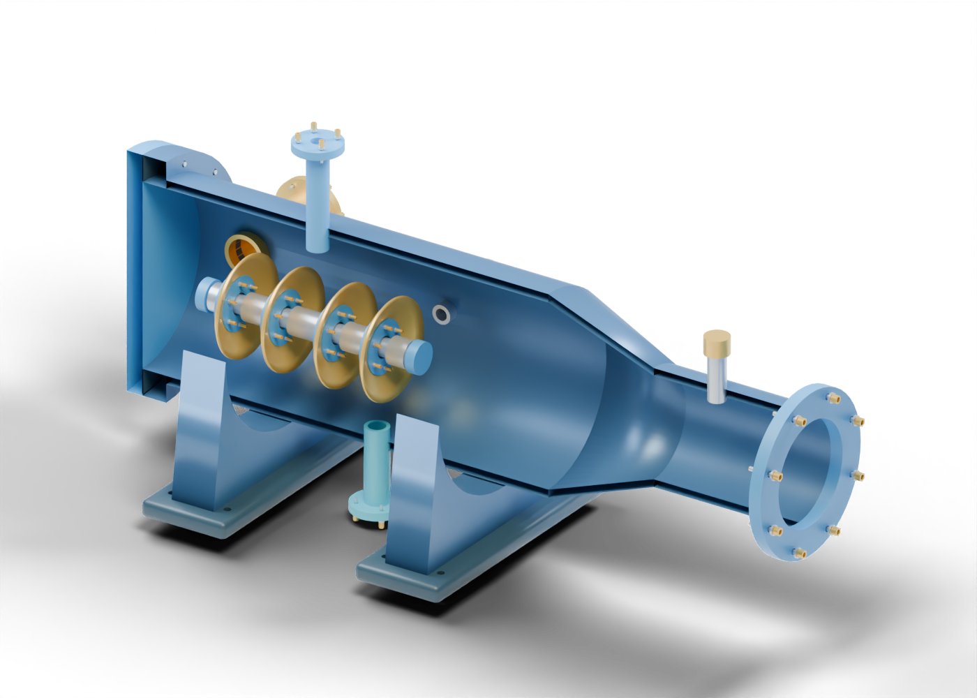 Original blue pipeline pigging vessel cutaway on a pale background, with a gold cup-pig assembly inside the enlarged barrel and two steel saddle supports.