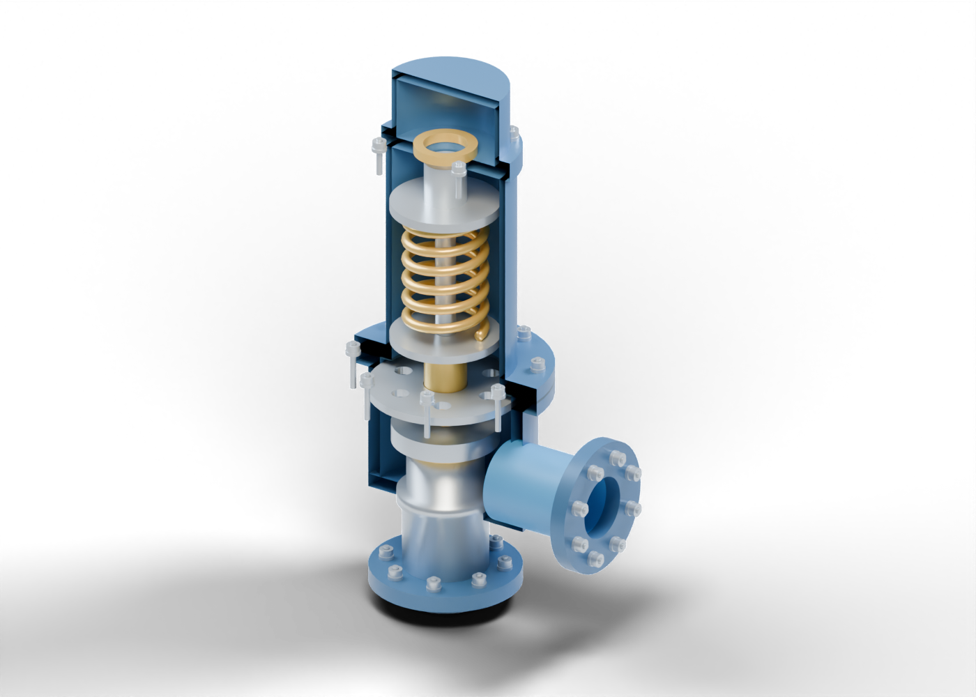 Original vertical pressure-relief concept cutaway showing a hollow inlet nozzle, closure disc, central spindle, gold six-turn spring and lateral outlet.