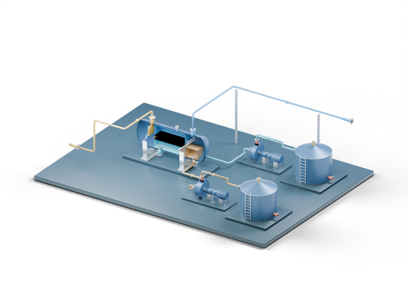 Original Alberta-blue and prairie-gold 3D teaching render of a generic three-phase production layout, with a poster-only section through the separator, two pumps and two tanks.
