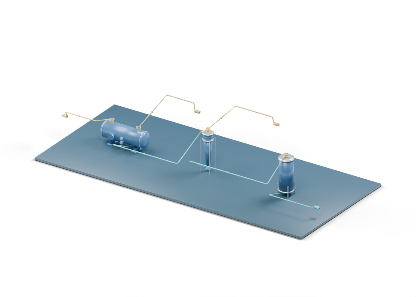 Original Alberta-blue and prairie-gold 3D teaching render of a free-water knockout, deoiling hydrocyclone and nutshell-media filter with six colored conceptual routes and open side-stream boundaries.