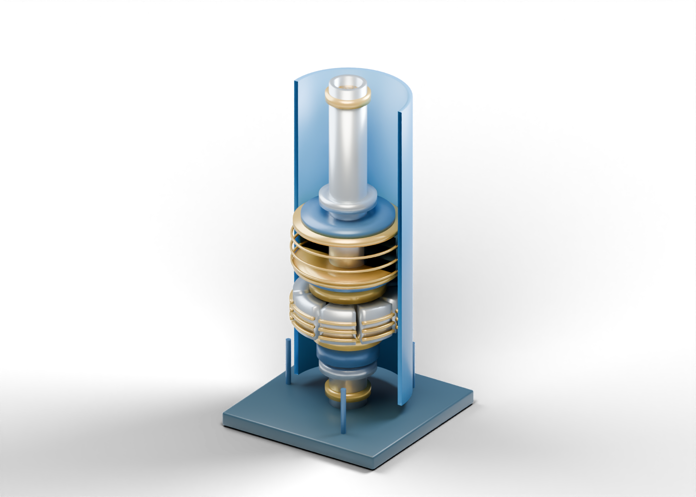 Original Alberta-blue casing cutaway around an open steel tubing mandrel, with three dark sealing-element bands and separate gold slip markers in a static production-packer teaching model.