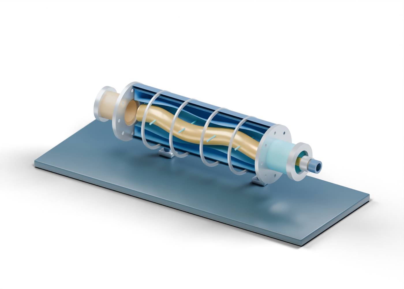 Original blue-and-gold 3D section of a progressing-cavity pump teaching assembly with contoured stator liner, eccentric helical rotor and separate open boundaries.