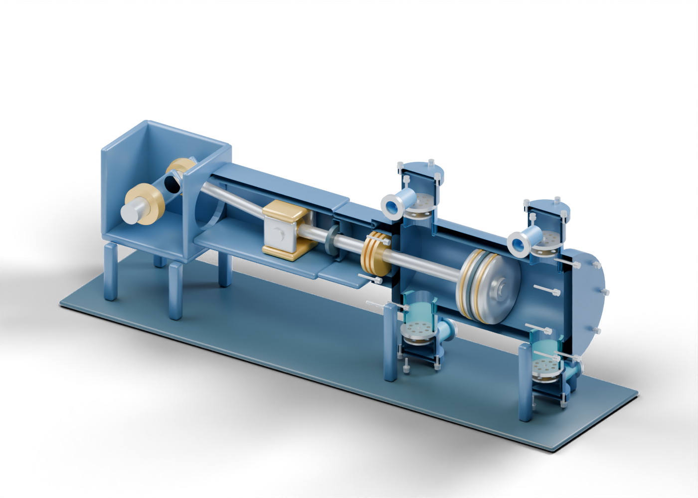 Original horizontal compressor cutaway showing a crankcase, crosshead and piston rod, gold packing markers, a grooved piston and four separate valve stacks.