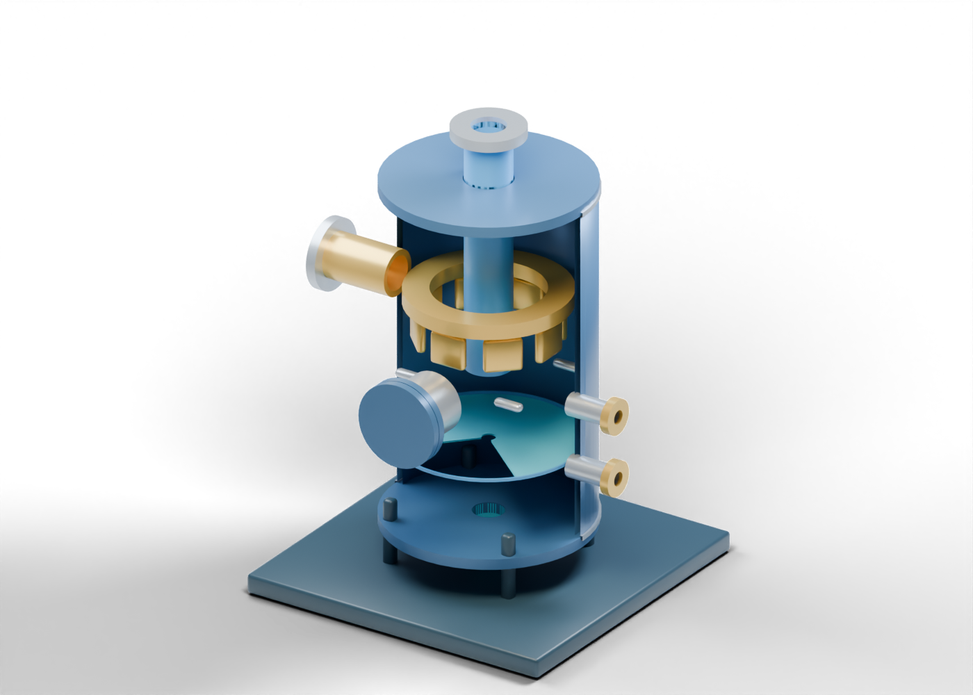 Original Alberta-blue and prairie-gold 3D cutaway of a vertical steam and liquid separator with upper steam outlet, lower liquid boundary and open internal guide shapes.