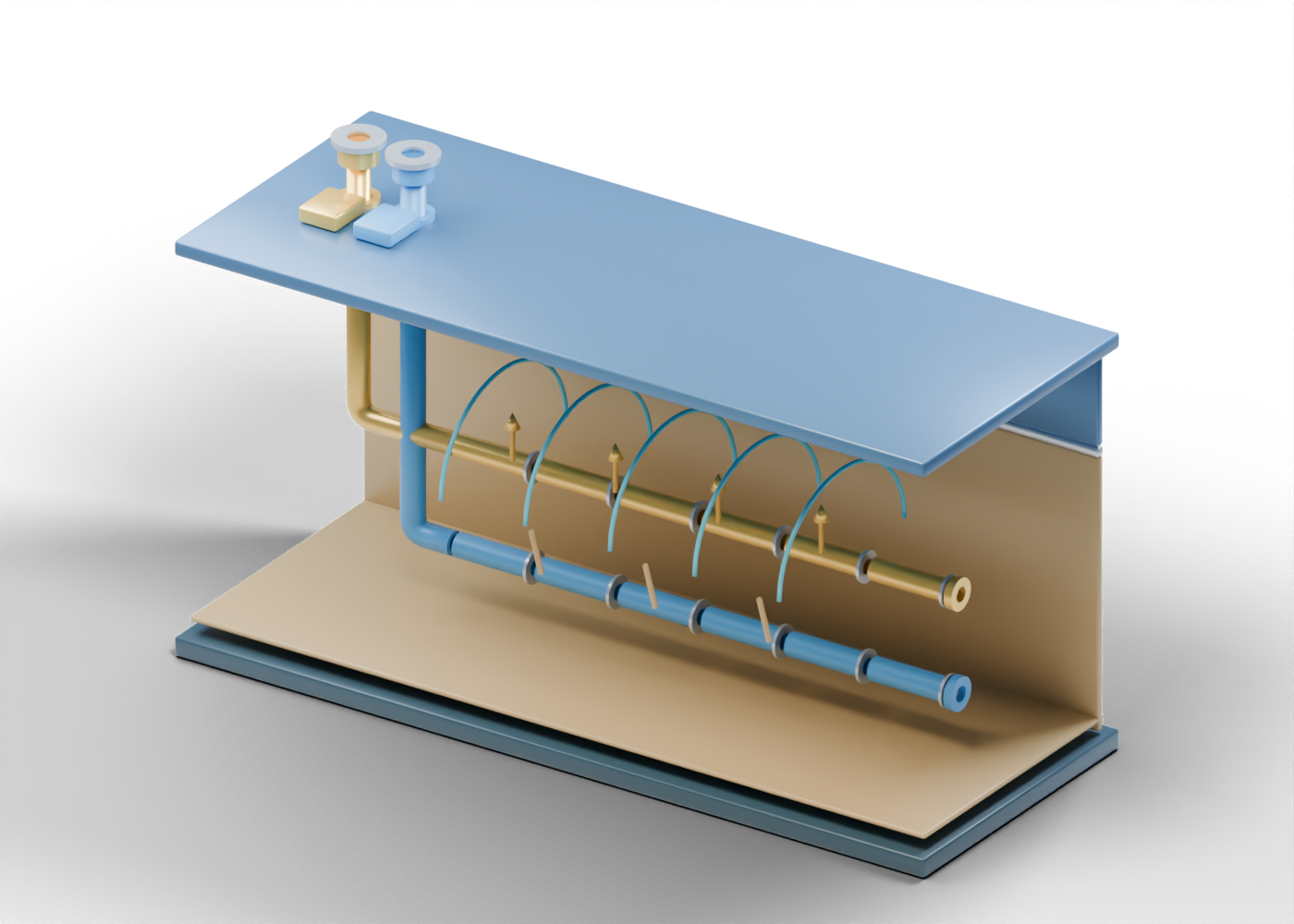 Open-front Alberta-blue and prairie-gold 3D section with an upper gold SAGD injector, lower blue producer and five blue conceptual steam-chamber arches.