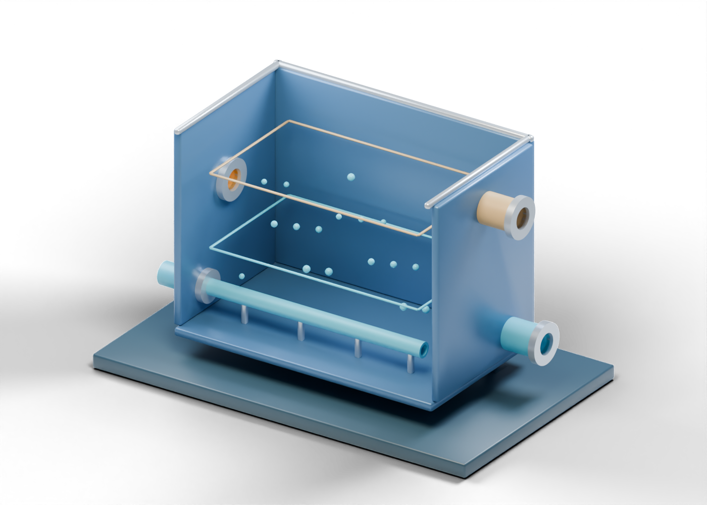 Original Alberta-blue and prairie-gold cutaway of a generic oil-sands secondary flotation cell with separate middlings and air inlets, fixed bubble marks, and distinct upper and lower outlets.