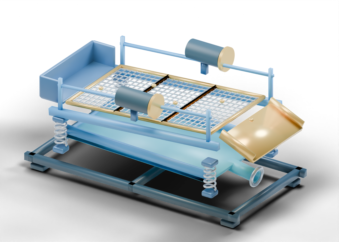 Original Alberta-blue and prairie-gold 3D teaching render of an open three-panel shale shaker with a separate lower fluid tray, cuttings chute, four springs and static drive markers.