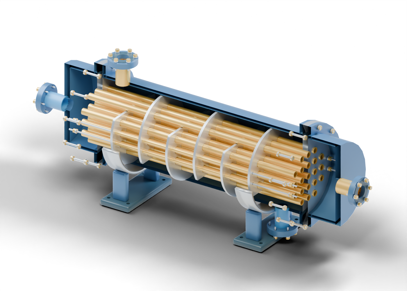 Original Alberta blue, gold and steel shell-and-tube cutaway showing straight hollow tubes through drilled tube sheets and alternating baffles, with separate end channels, joints and saddle supports.
