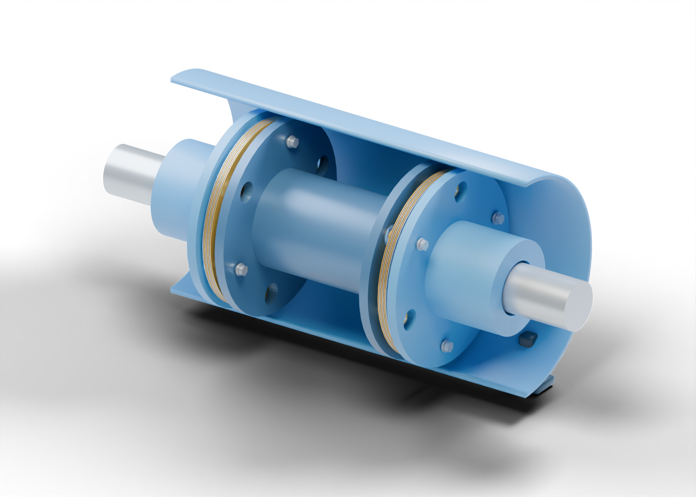 Original blue coupling hubs and spacer flanges around silver shaft segments, with two gold-and-silver six-layer disc packs and the rear half of a blue guard-shaped enclosure.