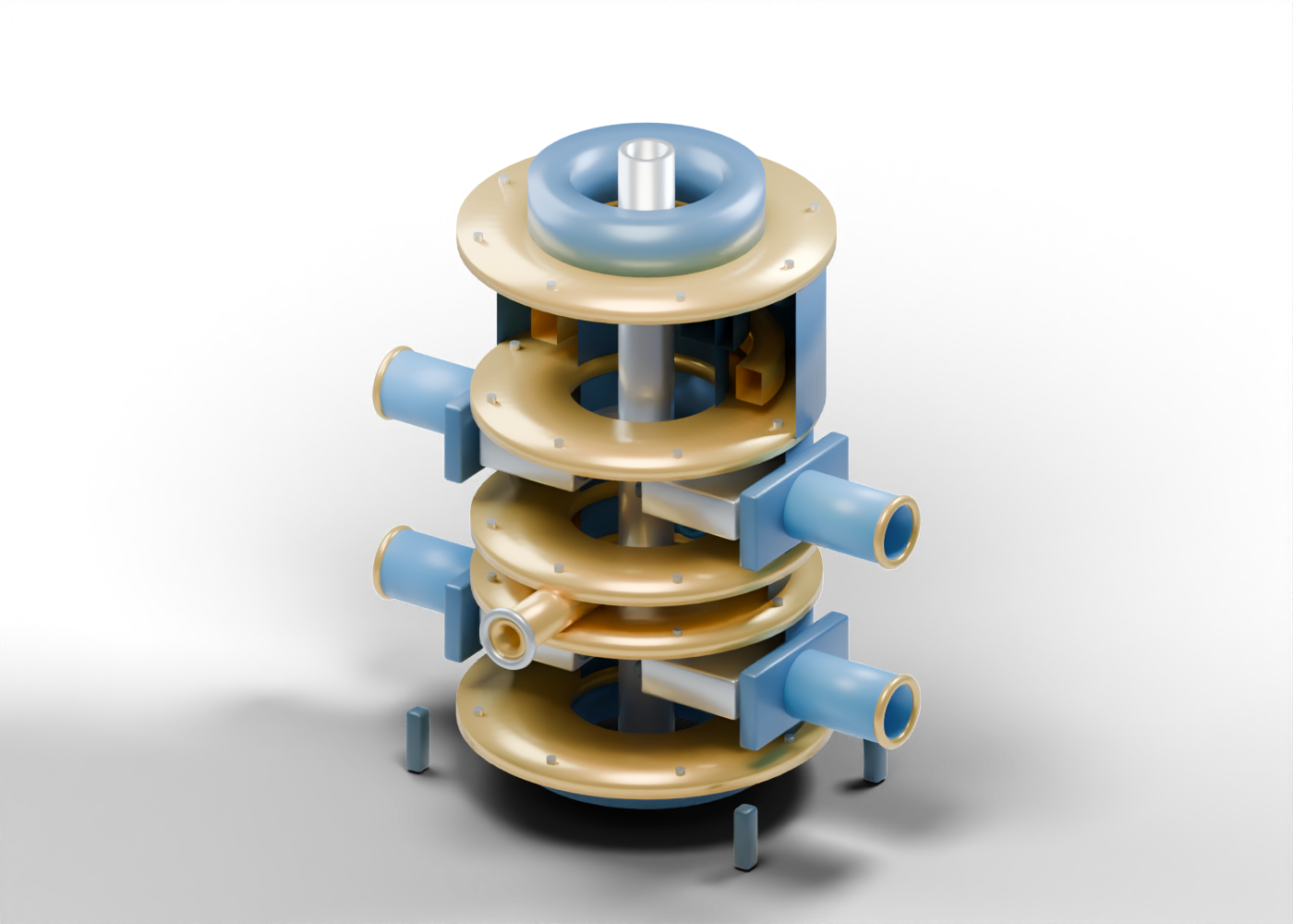 Original Alberta-blue and prairie-gold sectional 3D rendering of a generic surface BOP stack, with an annular element above separated pipe-ram and blind-ram stages, open drillpipe and side outlets.