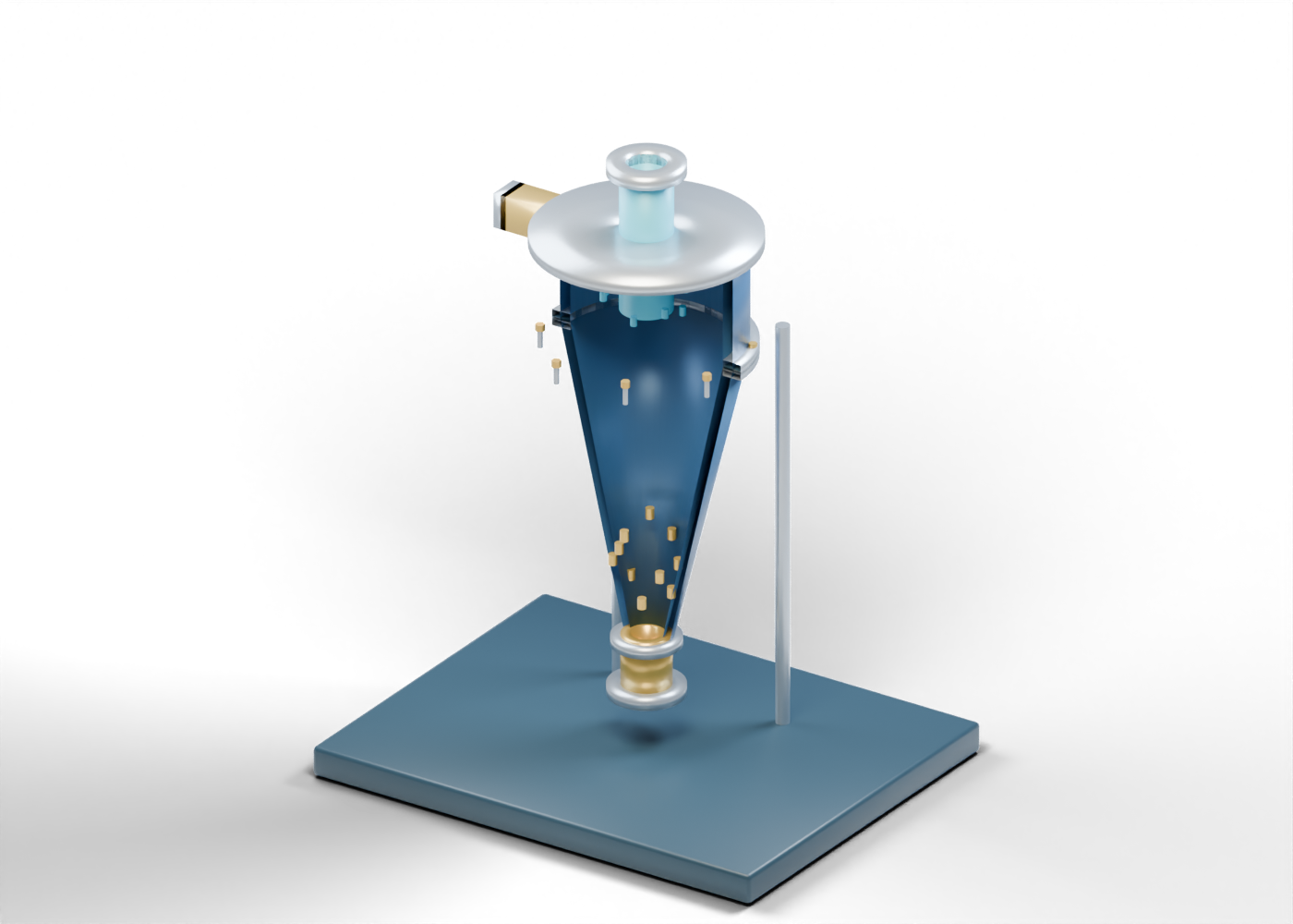Original Alberta-blue and prairie-gold whole-tailings classification cyclone cutaway with offset feed, central fines overflow and lower coarse-sand outlet.